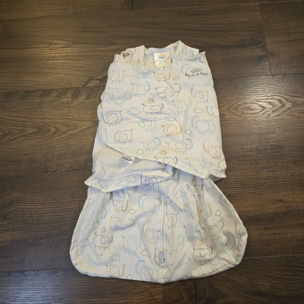 Halo White/Aqua/Grey Elephants Cotton Knit Sleepsack Swaddle Newborn‎ 0-3 Months